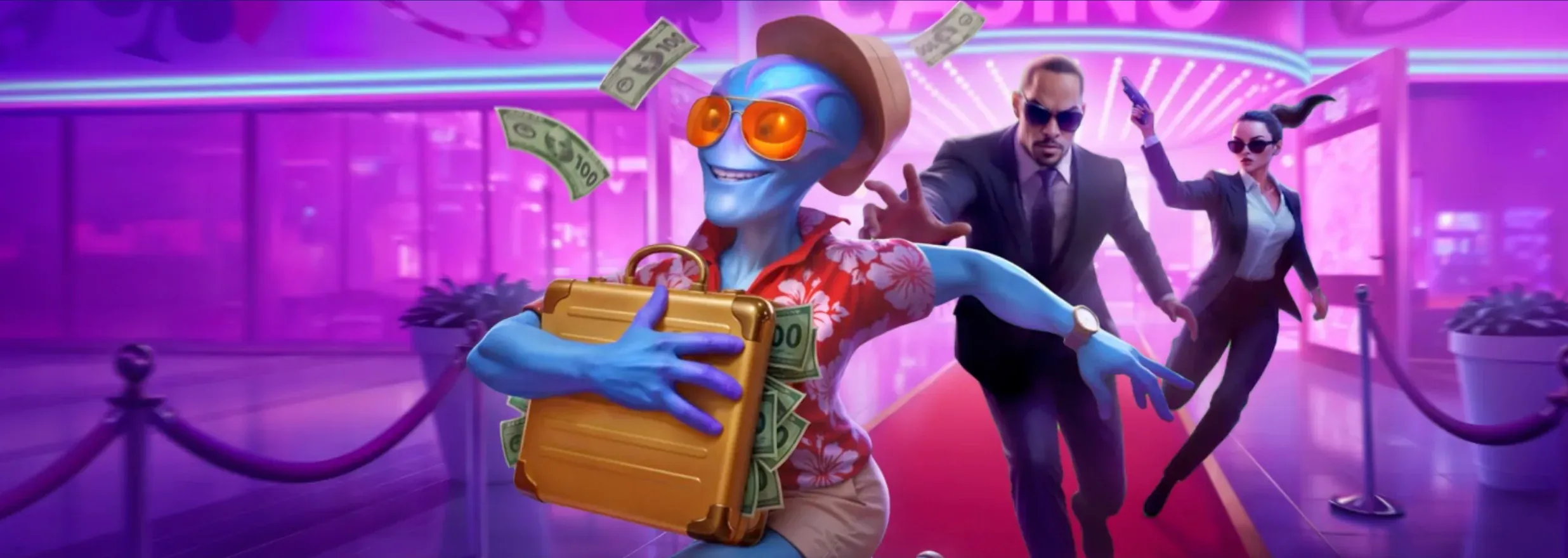 Ufomies juoksee ulos Alf Casinolta kultainen salkku täynnä rahaa.
