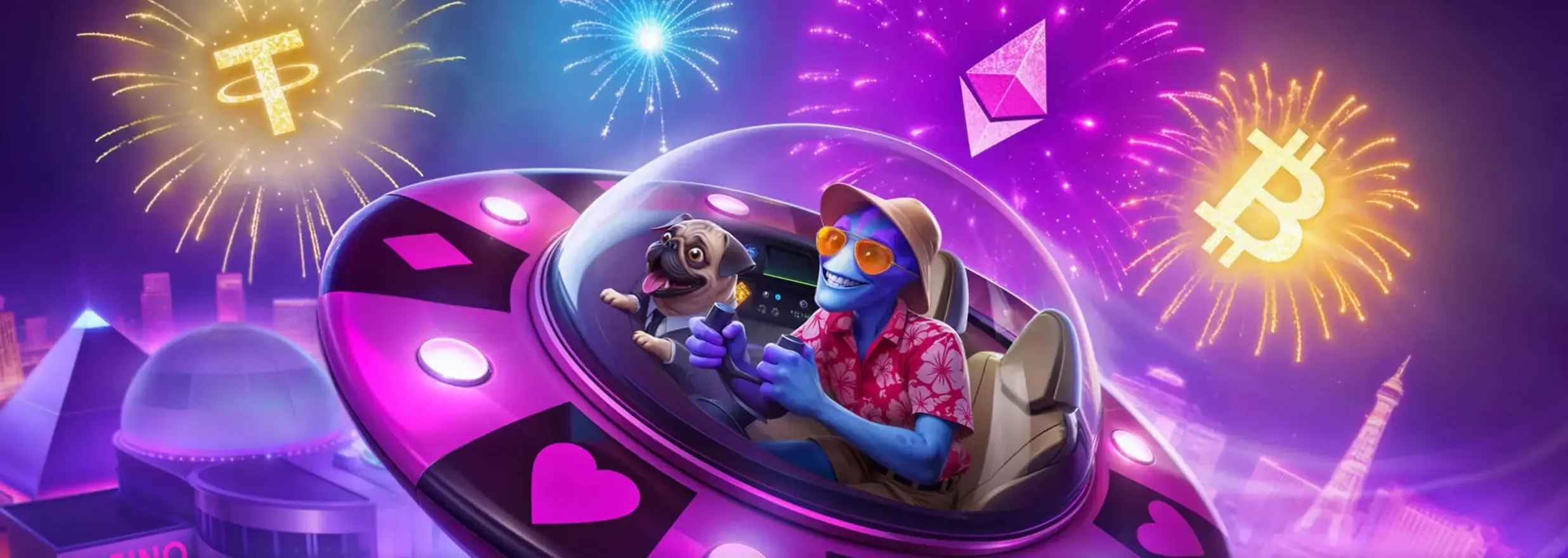 Alf Casino ufomies ja mopsi lentävät avaruusaluksella, jossa on kryptovaluuttasymboleita.